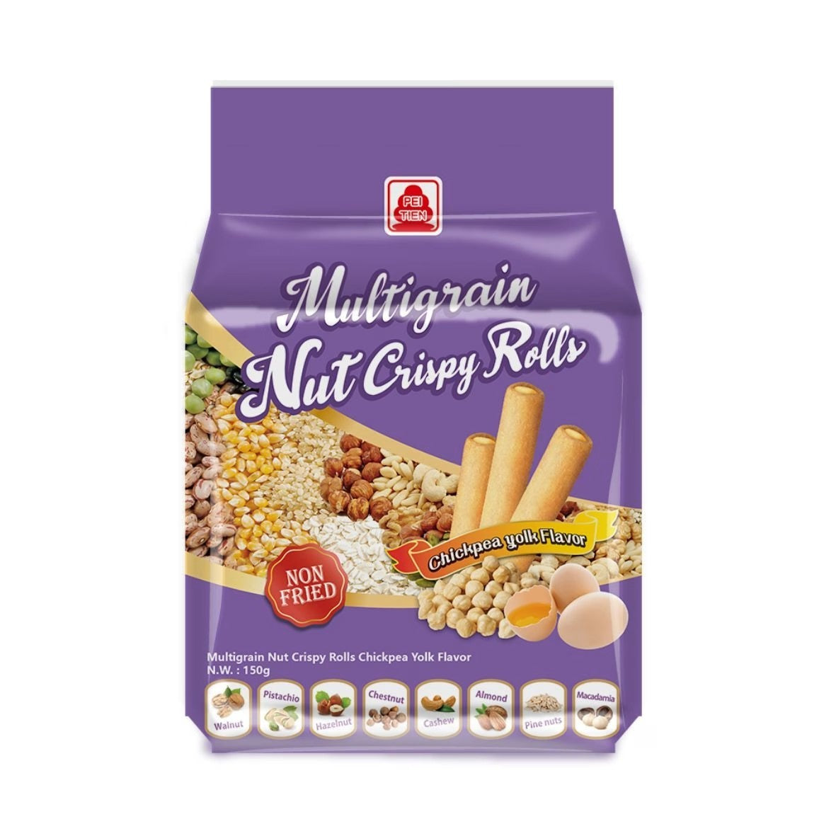 Pei Tien Multigrains Nut Crispy Roll Chickpea Yolk 150g/北田 - 綜合穀物堅果香脆捲 鷹嘴豆蛋⿈口味 150g